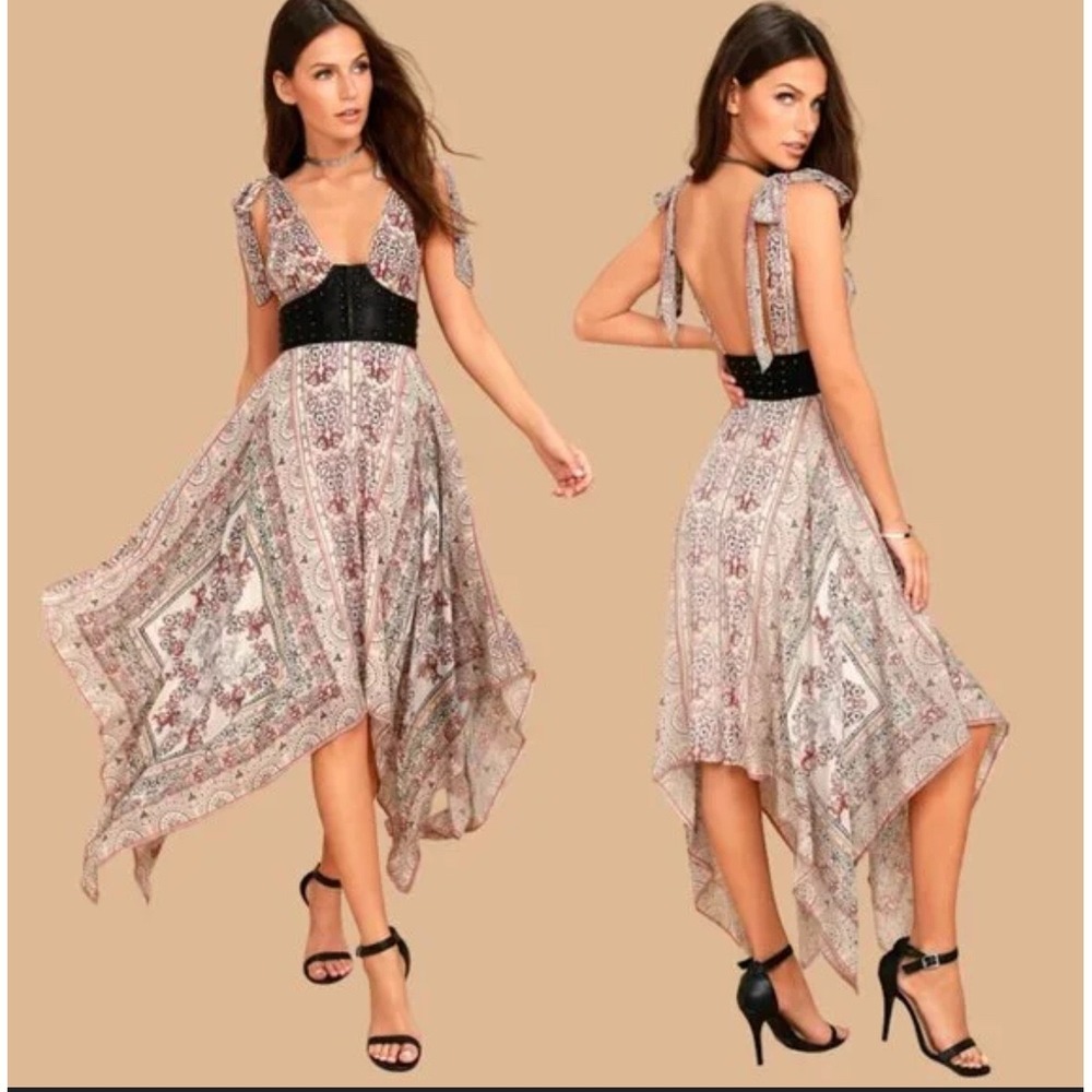 Free People OB590196‎ Antique Combo Corset Midi Dress Tie Shoulders Size 2